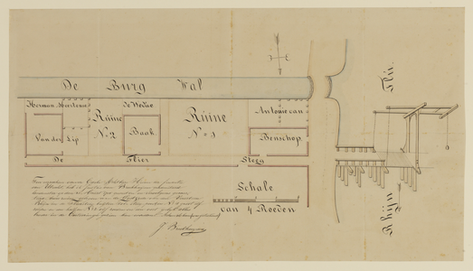 216250 Kaart van de terrein tussen de Burgwal en de Fliersteeg ten oosten van de Vaartsche Rijn te Utrecht; met ...